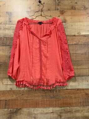 Zac & Rachel Coral Crochet-Sleeve Peasant Tunic with Tassel Tie Size XL